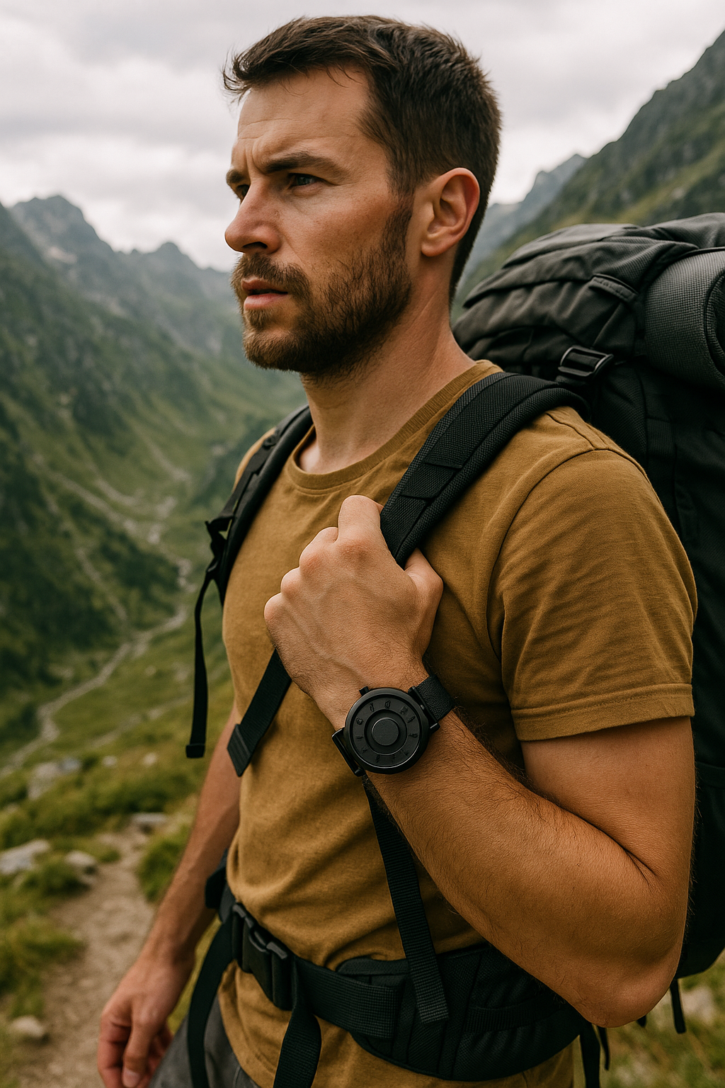 Man with a backpack and watch in a mountainous landscape