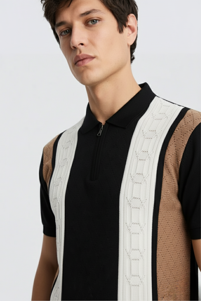 White Tan Texture Stripes Polo