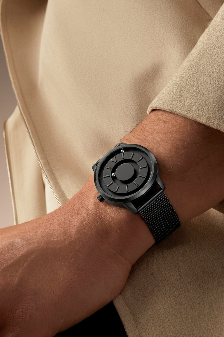 Black watch on a wrist with a neutral background