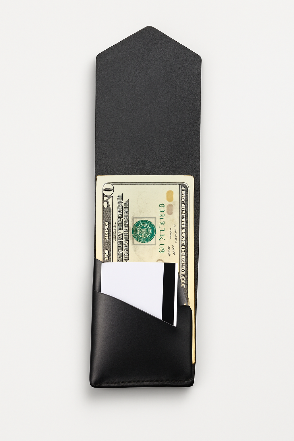 Black wallet for men with money and card on a white background