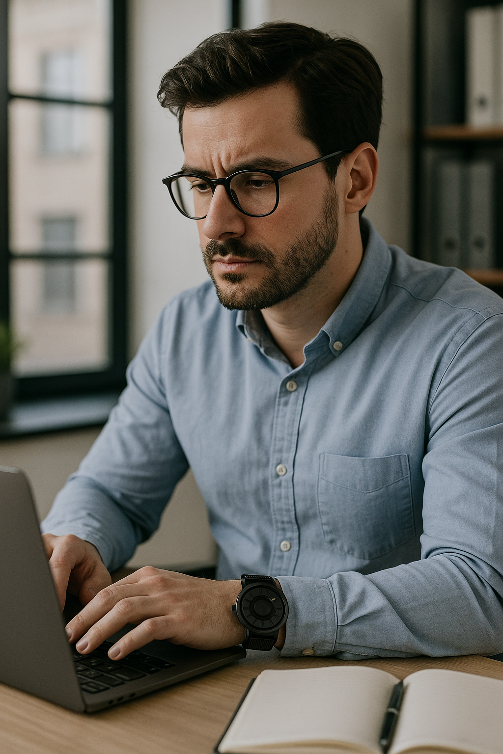 Man wearing glasses and a blue shirt working on a laptop with a notebook open on a desk wearing black watch.