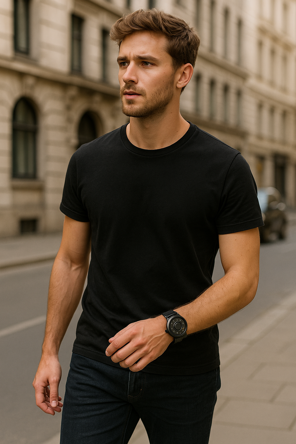 Man wearing a black t-shirt and watch on a city street