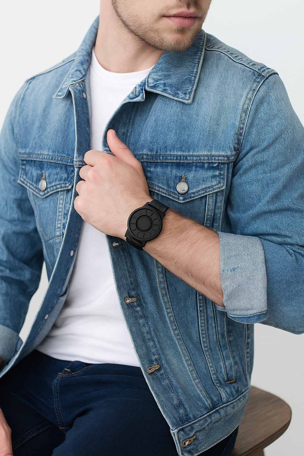 Person wearing a blue denim jacket over a white shirt, with a focus on the black watch.