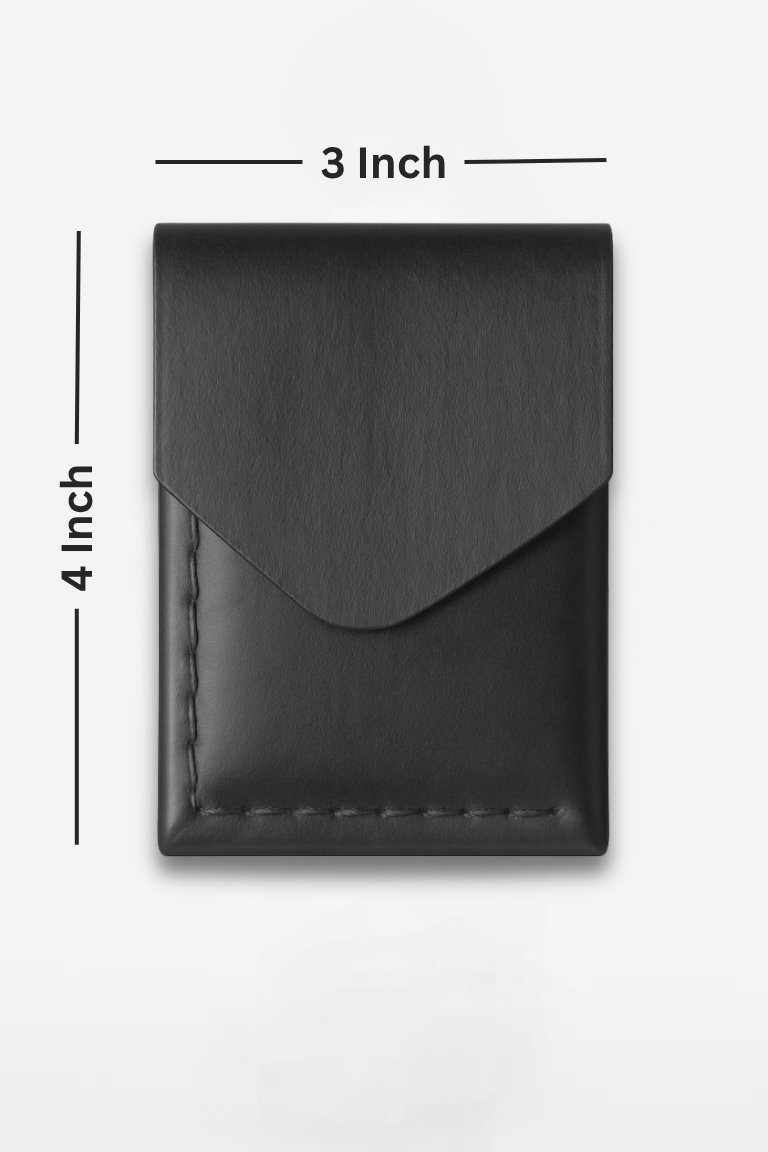 Black leather wallet for men with dimensions on a white background