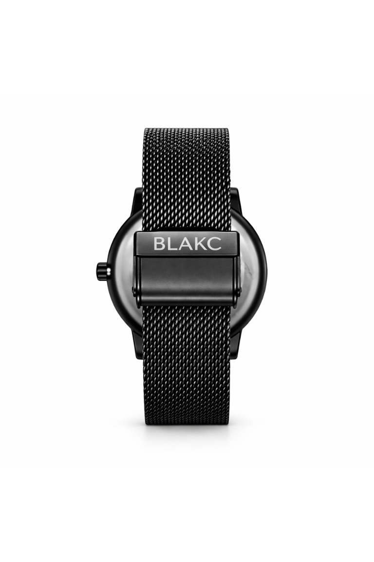 Black watch with mesh band on a white background, featuring the brand 'BLAKC'.