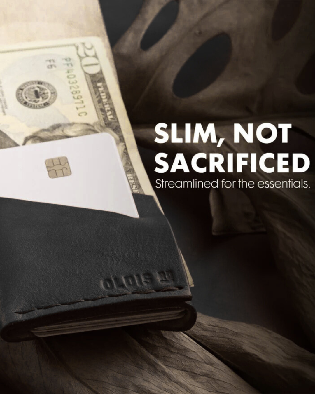 Black wallet with money and card on a dark surface, with text 'Slim, Not Sacrificed'.