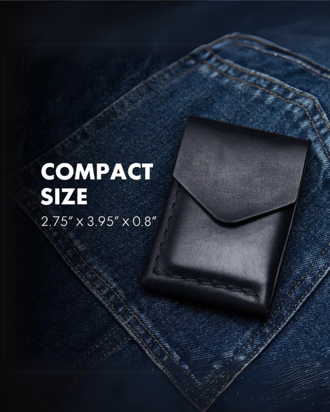 Black leather Wallet on a denim background with text indicating compact size.