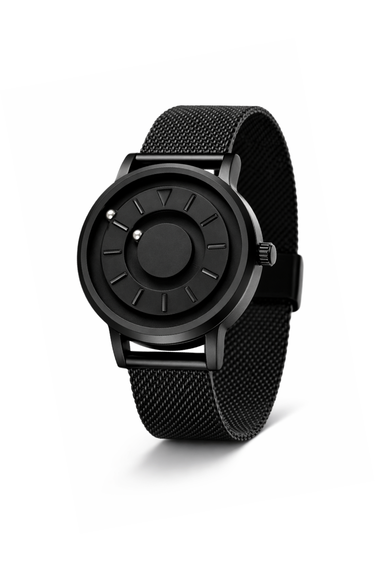 Black watch with mesh band on a white background