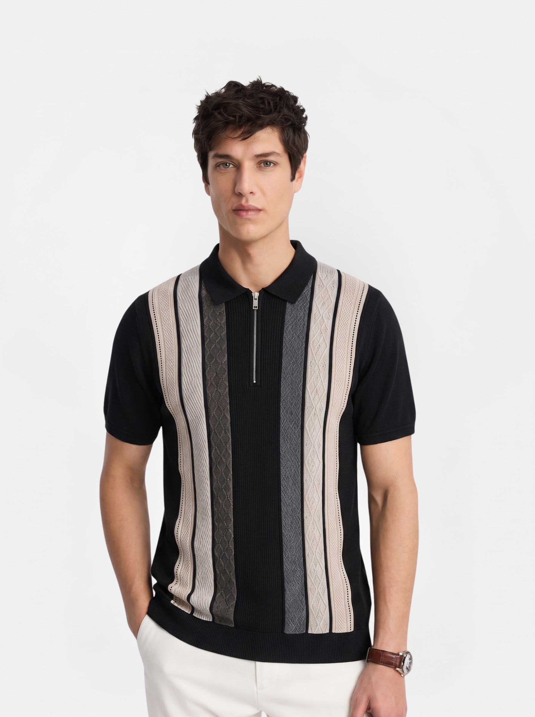 Grey Cream Texture Stripes Polo