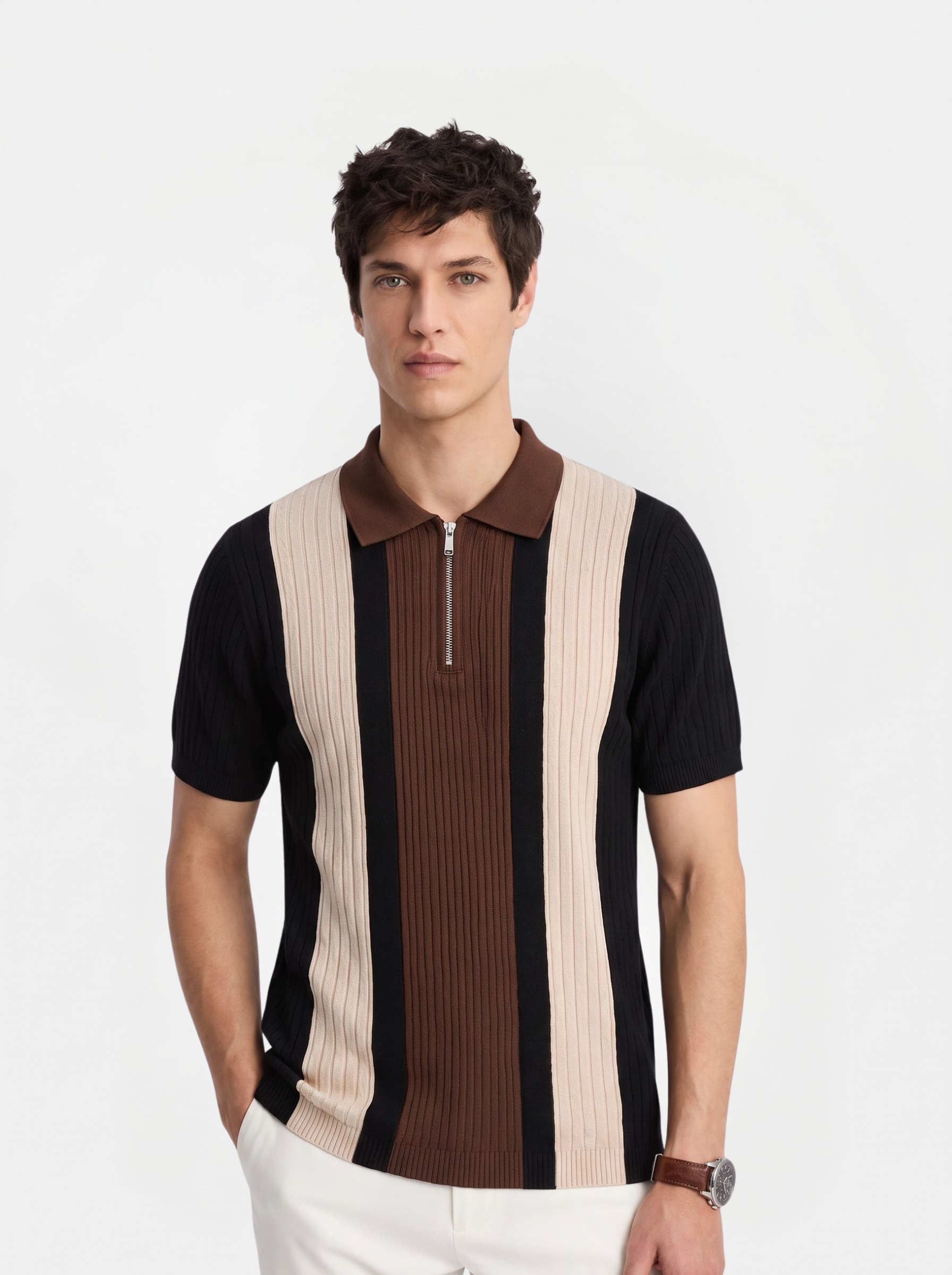 Beige Brown Texture Stripes Polo