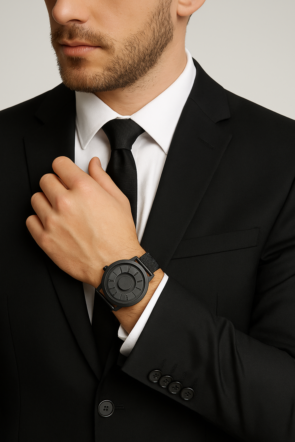 Man wearing a black suit with a white shirt and black tie, adjusting his black watch.