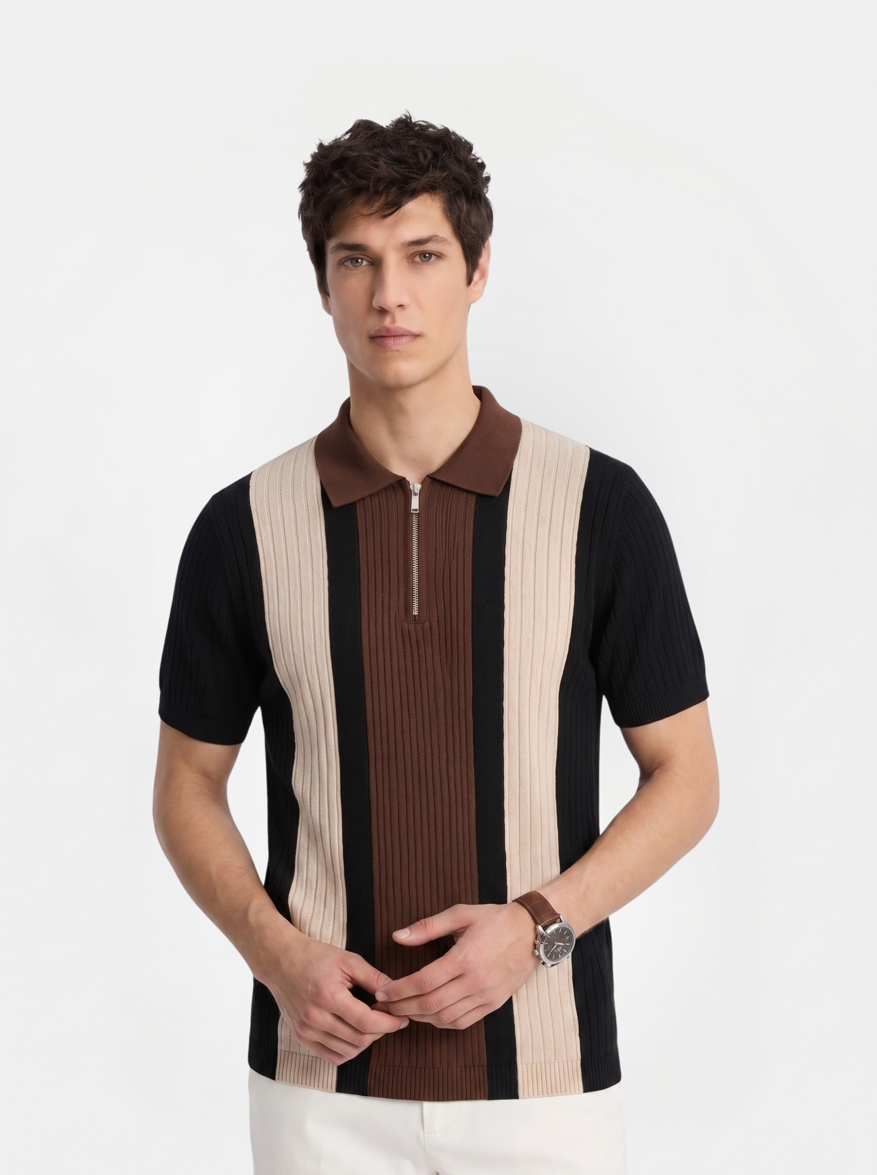 Beige Brown Texture Stripes Polo