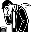 Illustration of a person with a headache, holding their head and leaning on a chair.